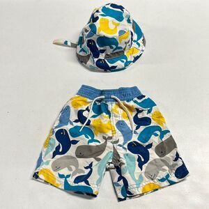 Boy’s Floatimini Swim Trunks (18M) & Sun Hat (12-24M) Whale Print Blue & Yellow